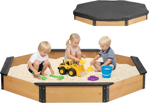 Miniatura 13 de Cajón de arena de 64"x56"x8.5" octogonal con cubierta para juegos al aire libre de niños, arenero grande de madera con 4 bancos, instalación rápida