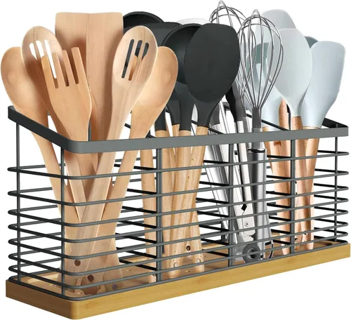 Miniatura 8 de Suli Soporte para utensilios de cocina extra grande con 4 compartimentos, soporte de metal negro mate con base de madera para encimera