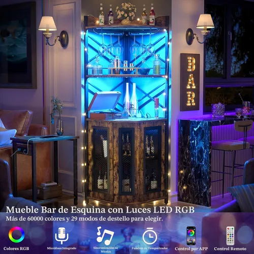 Miniatura 4 de Aheaplus Mueble Bar de Esquina con Toma de Corriente, Gabinete Industrial para Vino con Tira LED y Portavasos, Gabinete de Licores de 5 Niveles