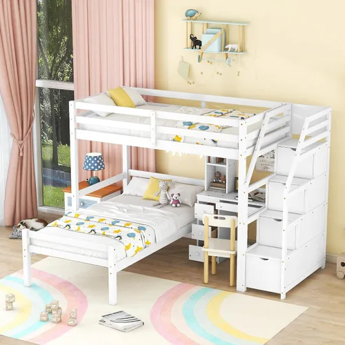 Miniatura 3 de Bellemave Cama alta con escritorio y escaleras, litera individual sobre cama individual con cajones de almacenamiento y estantes, camas altas