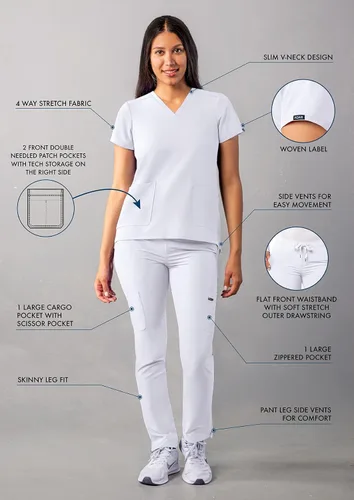 Miniatura 3 de Adar - Uniforme tipo filipina, con camisa de cuello en V y pantalones con bolsillos tipo cargo, para mujer