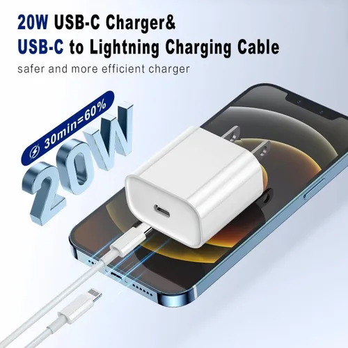 Miniatura 5 de Bloque de carga rápida USB C de 20 W PD para iPhone, paquete de 2 bloques de carga de pared tipo C con cable USB C a Lightning de 6 pies compatible
