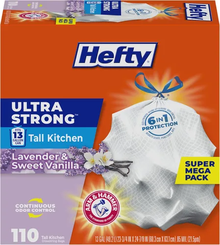 Hefty Bolsas de basura ultra fuertes de 13 galones, bolsas de basura altas para cocina de tamaño de 13 galones, cierre con cordón, control continuo