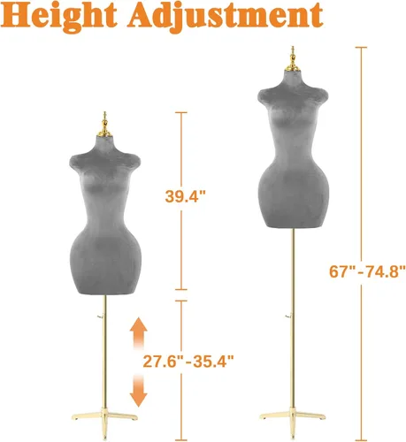 Miniatura 6 de Soporte de trípode de maniquí femenino de terciopelo gris,Maniqui ajustable en altura para cuerda,Maniquí de forma de vestido y exhibición
