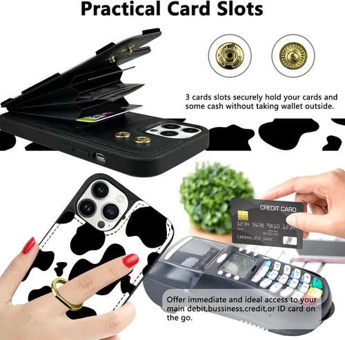 Miniatura 4 de Funda tipo cartera compatible con iPhone 13 Pro con soporte para tarjetas, rotación de 360°, soporte de anillo de dedo con función atril, bloqueo