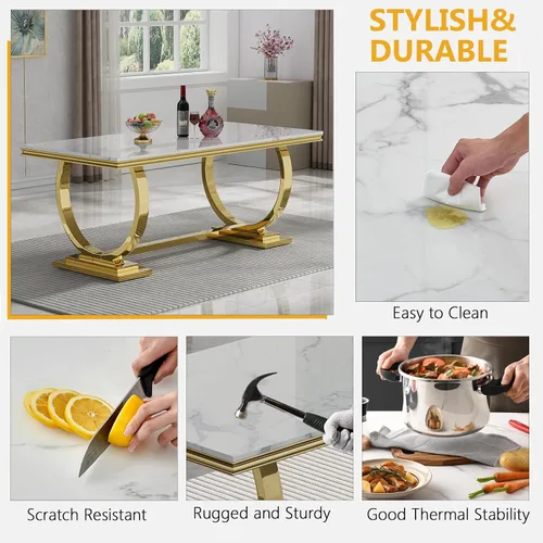 Miniatura 6 de Juego de mesa de comedor de mármol para 4, mesa de cocina rectangular de mármol blanco de 70 pulgadas con base en O de acero inoxidable dorado