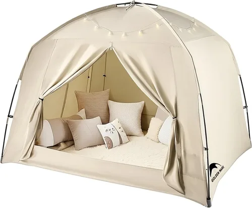 Miniatura 9 de Tiendas de cama para niños y adultos, portátil, 100% transpirable y 85% opaca, tienda de juegos y sueños para niños pequeños, 3 puertas gran espacio