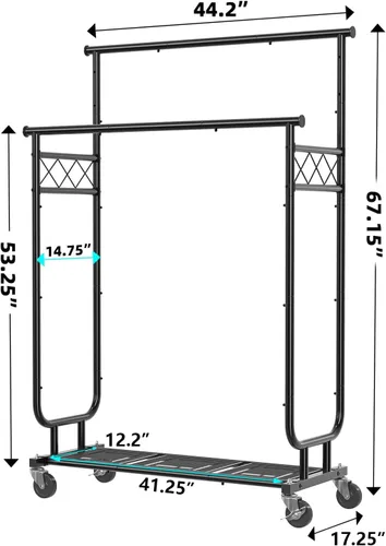 Miniatura 3 de Estante para ropa Ekisemio con capacidad de carga de 450LBS, estante resistente para ropa con ruedas, estantes enrollables para colgar ropa