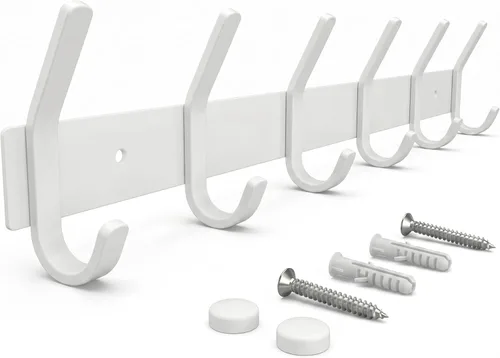 Miniatura 19 de Perchero de Pared Blanco – Riel de Ganchos de Acero Inoxidable de 15 Pulgadas con 5 Ganchos Dobles Resistentes para Abrigos – Perchero Montado