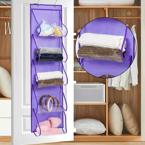 Miniatura 2 de Organizador de bolsos para colgar sobre la puerta con 5 bolsillos de fácil acceso, organizador de almacenamiento para toallas, bufandas, paraguas