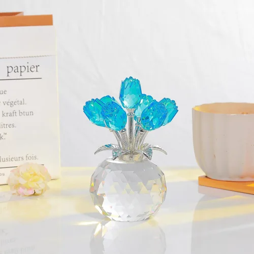Miniatura 6 de Figura de cristal de rosa azul lago con jarrón, ramo de flores, adorno de regalo para esposa, novia, mujer, flor de cristal hecha a mano, decoración