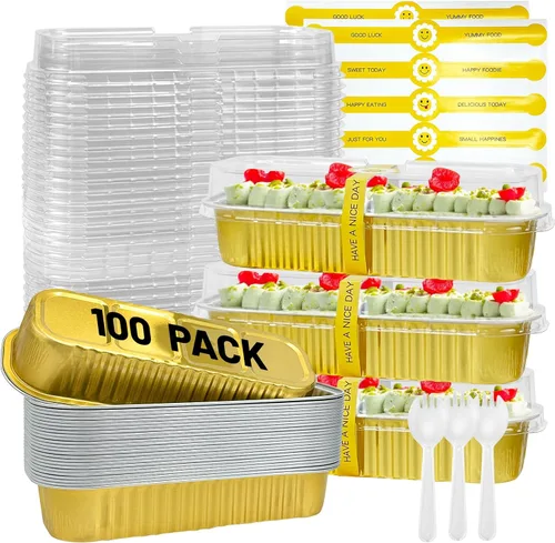 Miniatura 20 de Paquete de 100 mini moldes para pasteles de 6.8 onzas con tapas, moldes para hornear de papel de aluminio, recipientes individuales para postres