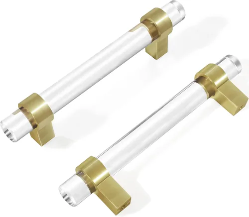 Tiradores de gabinete de 3-3/4 pulgadas de latón, tiradores y manijas de cajón de cristal de oro transparente (96mm, paquete de 5)
