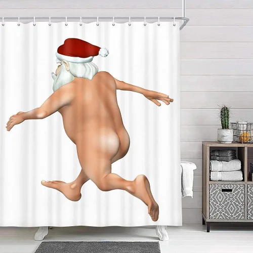Divertida cortina de ducha de Navidad, linda cortina de ducha de Papá Noel desnudo corriendo loco para baño, moderna cortina de baño de tela