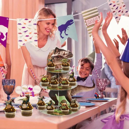 Miniatura 6 de ZOIIWA Soporte de cupcakes con temática de dinosaurio para decoración de fiesta de cumpleaños de dinosaurio, 24 decoraciones de cupcakes, 3 niveles