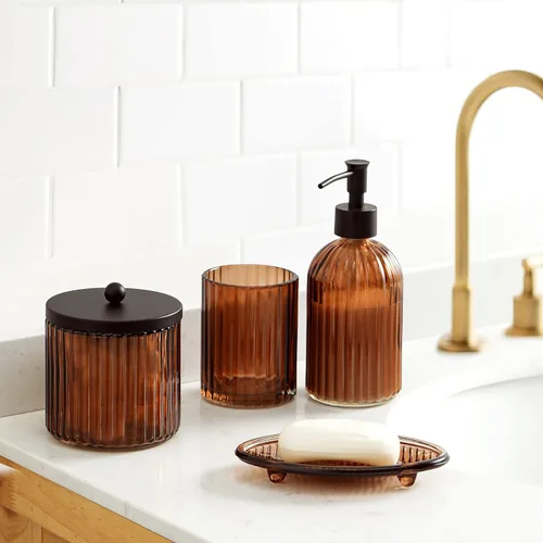 Miniatura 6 de Juego de 4 accesorios de baño de vidrio pesado con patrón decorativo prensado, incluye dispensador de jabón de mano, vaso, jabonera y soporte