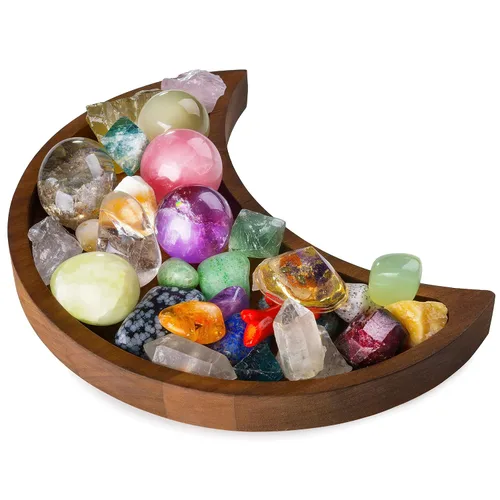 Miniatura 11 de Bandeja de luna creciente – Muestra tus gemas, piedras curativas y tesoros – Bandeja de exhibición de cristal de madera de 6 x 3 pulgadas, soporte