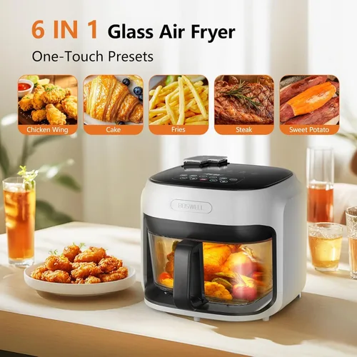 Miniatura 6 de Freidora de aire de vidrio de 7.5 cuartos de galón, cuenco para freír transparente, circulación de aire caliente de 360°, control táctil digital,