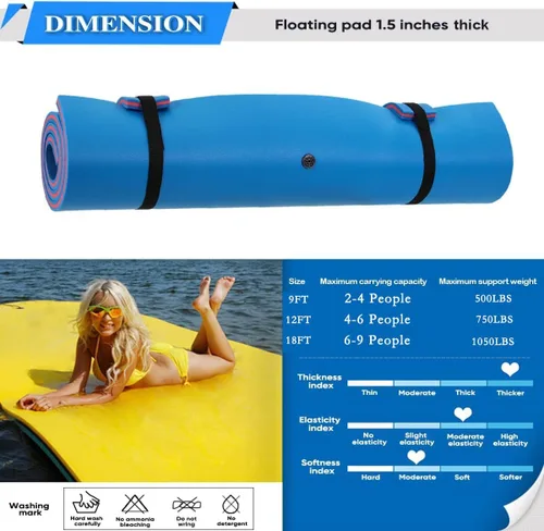 Miniatura 6 de Outroad - Tapete flotante para agua, 3 capas de espuma XPE de 9/12/18 pies, almohadilla de lirio para playa, océano, lago, isla flotante enrollable