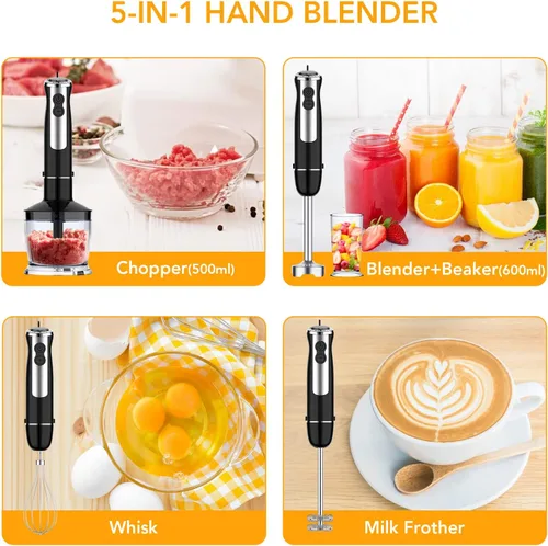 Miniatura 4 de Batidora de mano 5 en 1, batidora de mano de 800 W, 12 velocidades y modo turbo mezclador de mano con vaso de mezcla de 21.7 fl oz, picador de 16.9