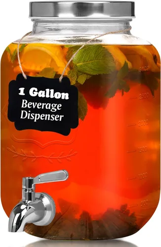 Moretoes Dispensador de bebidas de vidrio de 1 galón para fiestas, dispensador de bebidas para jugo y té helado, tarro hermético de vidrio para té