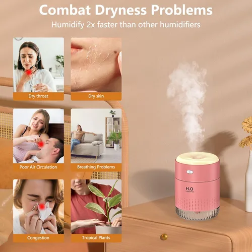 Miniatura 2 de Mini humidificador portátil, apagado automático, 2 modos de niebla, silencioso, pequeños humidificadores para dormitorio, viajes, oficina, Rosa