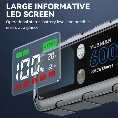 Miniatura 6 de Arrancador de batería de automóvil de 6000A, cargador rápido de 65W, batería de arranque de 26800mAh (toda gasolina/12L diésel) con reforzador