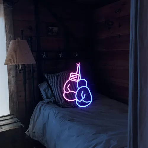 Miniatura 6 de Lucunstar Guantes de boxeo de neón, letrero de luz LED azul y rosa, guantes de boxeo, letreros de neón para decoración de pared de gimnasio, luz