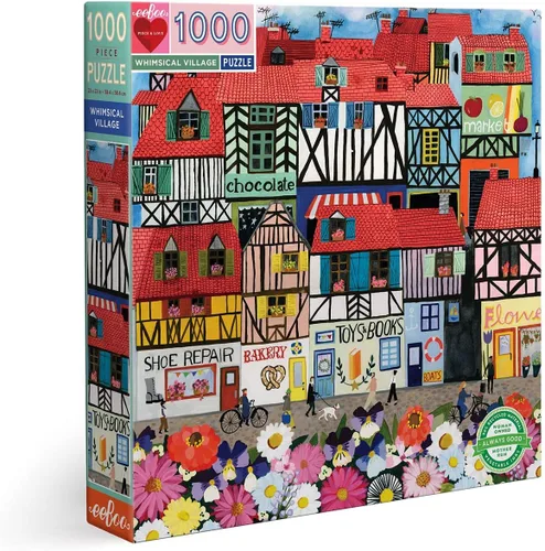 eeBoo: Piece and Love Whimsical Village - Rompecabezas cuadrado de 1000 piezas para adultos y familias, incluye piezas brillantes y resistentes y