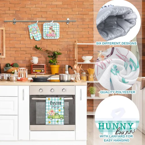 Miniatura 3 de VitalCozy Juego de 8 toallas de cocina de Pascua, guantes de horno y soporte para ollas, toallas de cocina florales de Pascua, toalla de cocina