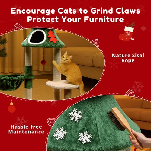 Miniatura 6 de LUCKLIFE Árbol de Navidad para gatos de 48 pulgadas con 2 casas acogedoras, torre moderna para gatos con kit antipuntas, perchas de felpa y bolas