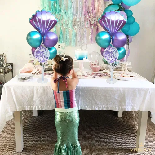 Miniatura 6 de Kit de soporte de globos de mesa de sirena, 2 juegos con 2 globos de aluminio de conchas marinas, 14 globos de látex azul púrpura para cumpleaños