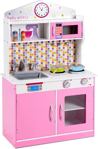 Miniatura 9 de OLAKIDS - Juego de cocina para niños, cocina de madera para niños pequeños con sonidos reales, estufa, microondas, horno, fregadero, gabinete