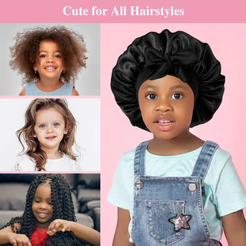 Miniatura 3 de 2+2 gorros de satén con coleteros para niños, bonitos gorros de pelo para niñas para dormir cabello rizado, A