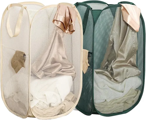 Miniatura 8 de Cesta plegable para la ropa sucia, cesta de malla para almacenamiento para dormitorios universitarios, viajes, cruzar, acampar, color beige