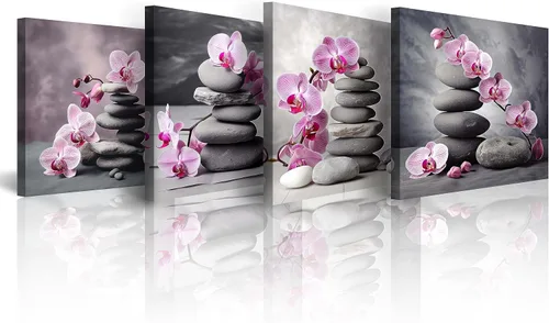 Miniatura 2 de NAN Wind Arte de pared en lienzo de orquídeas rosas y piedras zen - Decoración de orquídeas - Cuadros de flores de spa - Arte de pared Zen