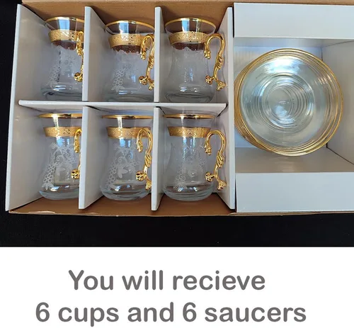 Miniatura 4 de Juego de 6 tazas y platillos de té árabes, marroquíes, marroquíes, marroquíes, dorados, para fiestas, adultos, cafetera elegante, hervidor de agua