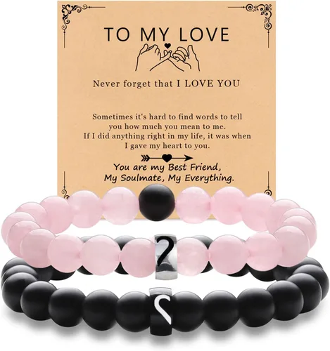 Miniatura 93 de 2 pulseras magnéticas para parejas, piedra natural negra mate, cristal para votos de amor eterno, juego de pulseras de cuentas de piedra de energía