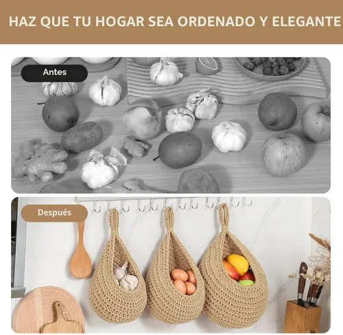 Miniatura 5 de Canastas colgantes de frutas boho para pared de cocina, paquete de 3, contenedor tejido para productos con 6 piezas de ganchos fuertes, cesta de lino