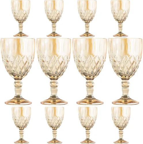 12 copas de vino vintage, copas de agua de vidrio de colores de 11 onzas, colorido patrón único en relieve, cristalería de tallo transparente, vasos