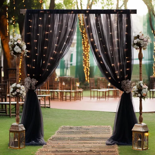 Miniatura 5 de Cortina de telón de fondo de tul negro de 10 x 10 pies con cadena de luces para fiestas, cortinas de fondo de fotos transparentes para bodas