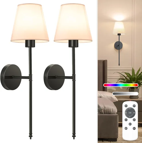 Miniatura 20 de NIORSUN Juego de 2 apliques de pared con pilas de 13.8 pulgadas, luces de pared recargables negras con bombillas desmontables regulables de 10400