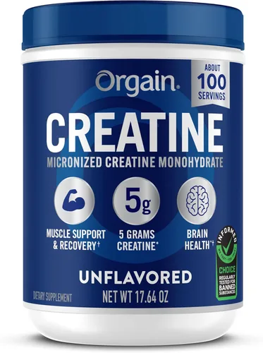 Orgain Monohidrato de creatina en polvo micronizado, 100 porciones, sin sabor, apoya el crecimiento muscular, la recuperación después del