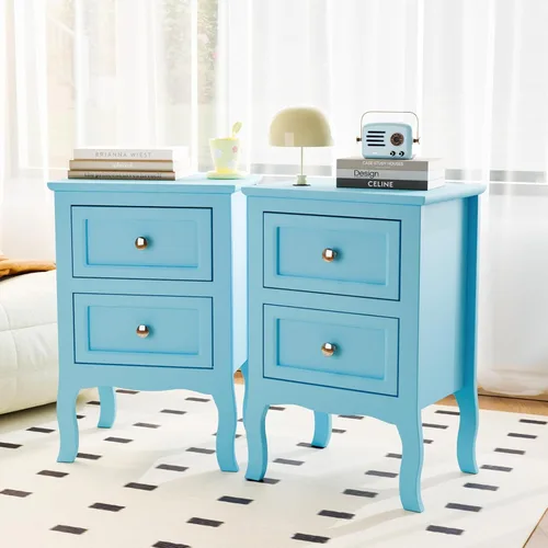 Miniatura 16 de Bonnlo Juego de 2 mesitas de noche blancas con 2 cajones, mesa auxiliar de cama/mesita de noche, mesita de noche pequeña para dormitorio, espacios