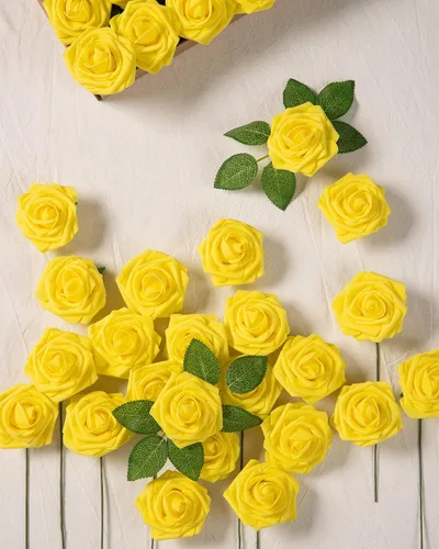 Miniatura 5 de DuHouse 25 piezas de rosas artificiales, flores falsas con tallos, de aspecto real, flores de espuma para bricolaje, ramo de novia, centro de mesa