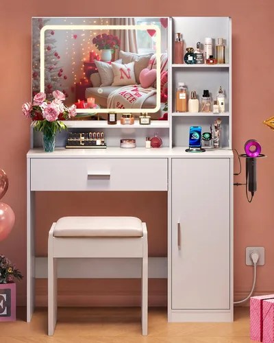 Miniatura 12 de WLIVE Escritorio de tocador con espejo y luces, mesa de maquillaje con cajón, armario y estantes abiertos, tocador de dormitorio con estación