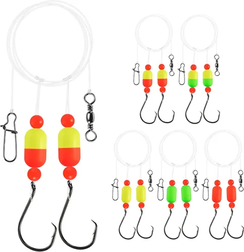 Miniatura 9 de Alwonder Paquete de 5 aparejos de pesca Pompano con flotadores Snell, aparejo giratorio de cebo vivo de agua salada, broches de presión de doble