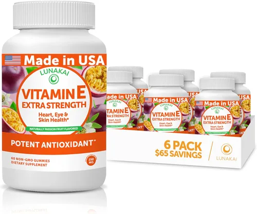 Lunakai Gomitas de vitamina E con vitamina C - Fórmula patentada más sabrosa - 250 mg (400 UI) VIT E - Antioxidante, apoyo para la salud de la piel