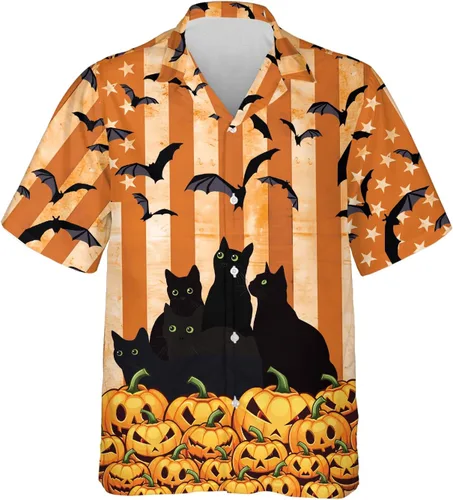 Miniatura 10 de Camisa hawaiana de gato negro para hombre, camisa de noche de Halloween, camisa de manga corta con botones (MP_HW_66)
