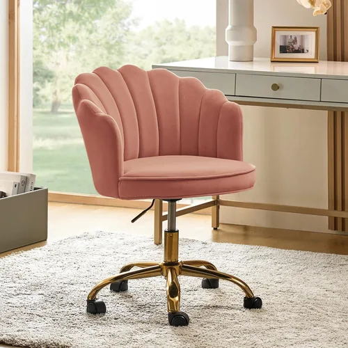 Miniatura 17 de HULALA HOME Silla de oficina en casa de terciopelo con base dorada, silla de escritorio tapizada moderna y linda de concha para mujer para tocador